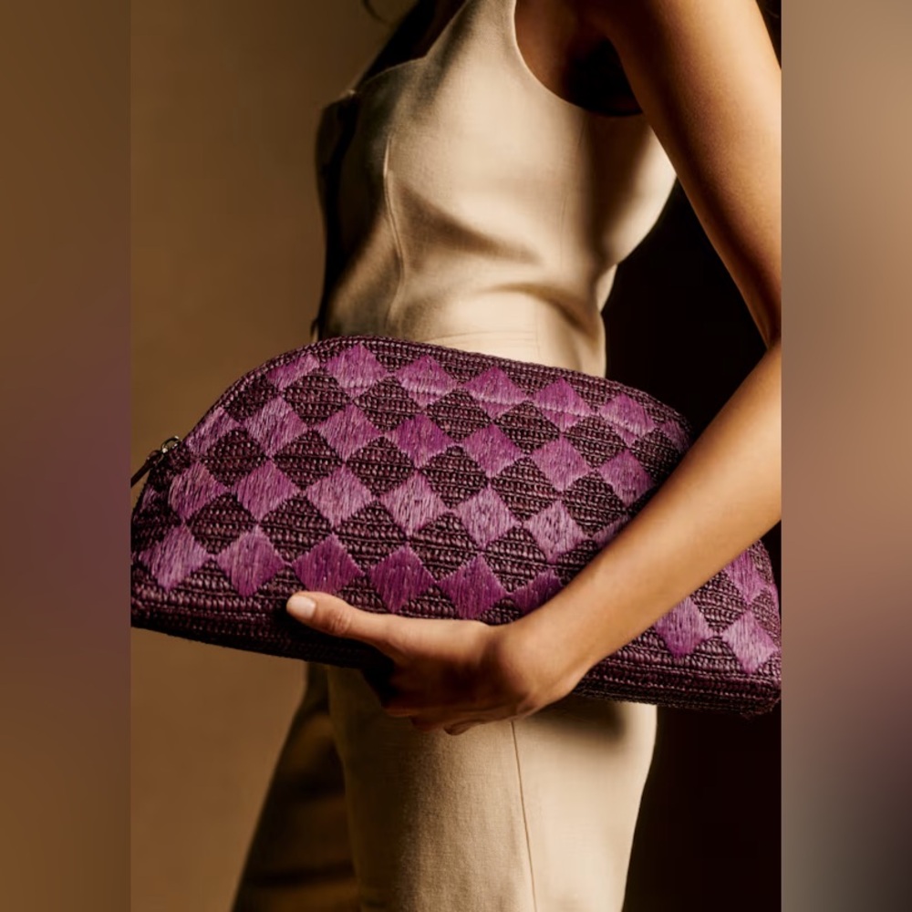 Sezane Simona Raffia Clutch. NWT’s. Deep Purple Checked.